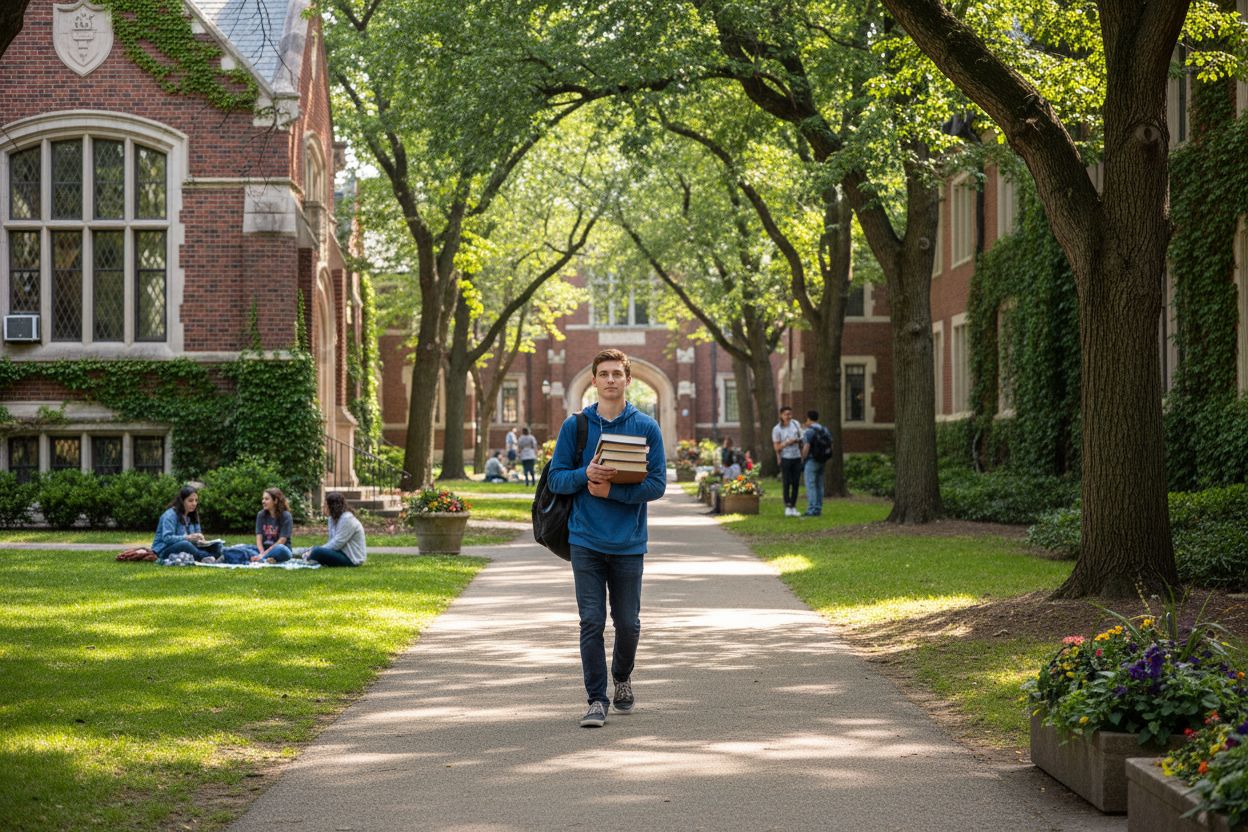 student walking around a campus with textbooks